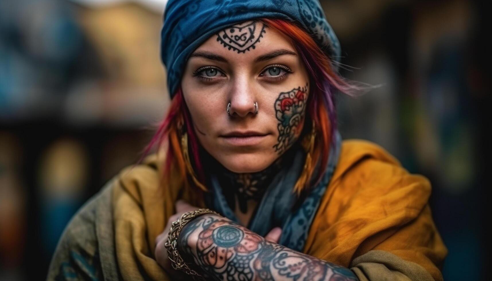 joven adulto mujer con tatuaje exuda confianza en ciudad vida generado por ai foto
