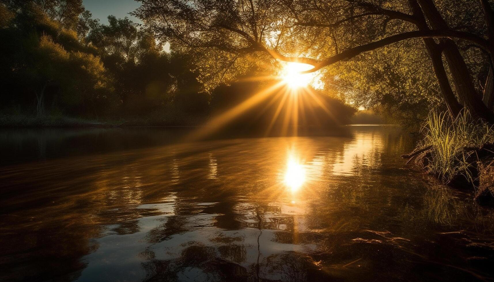 Golden sun sets over tranquil pond in vibrant autumn landscape generated by AI photo