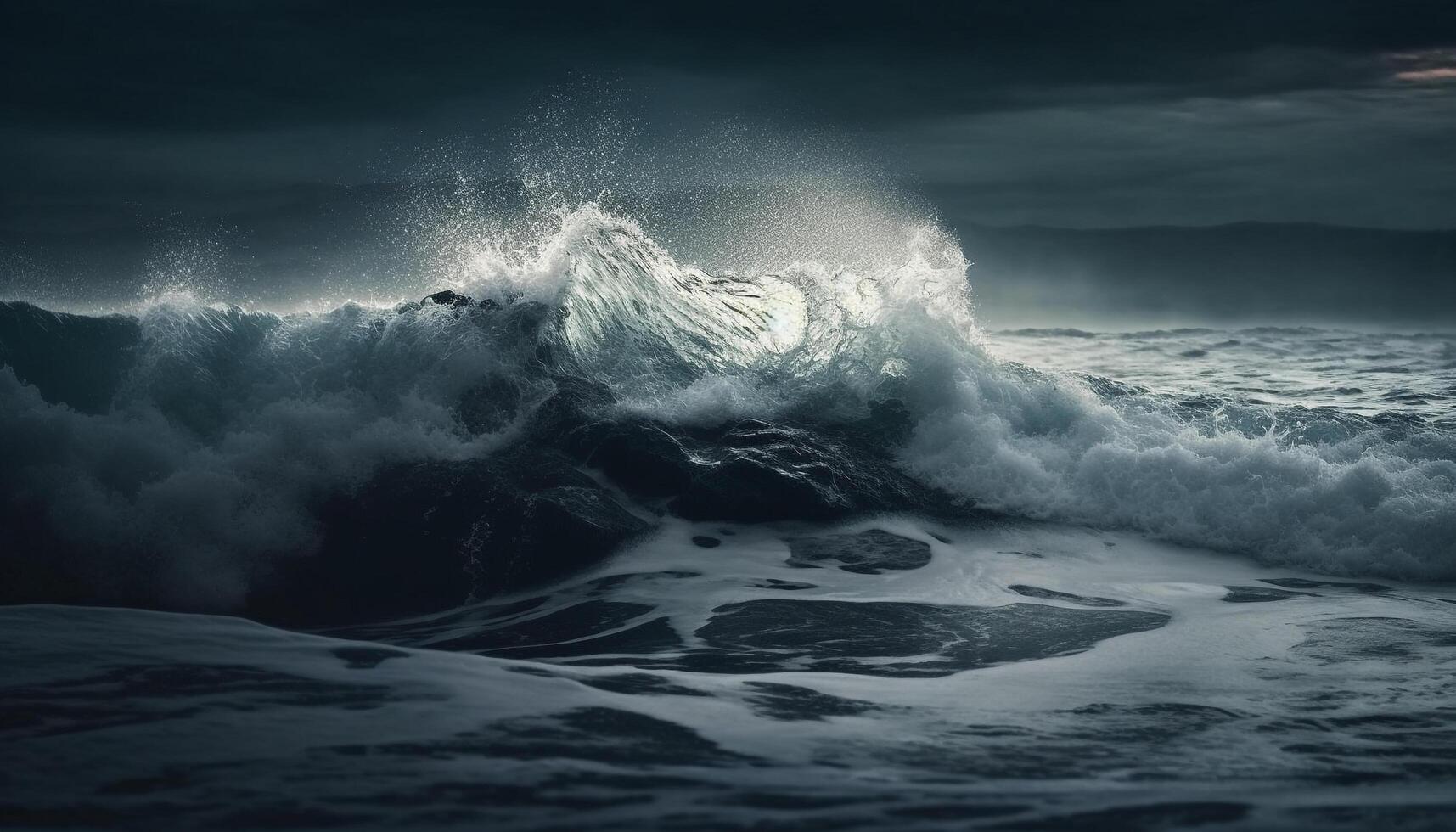 Breaking waves spray and crash on dark coastline, awe inspiring beauty generated by AI photo