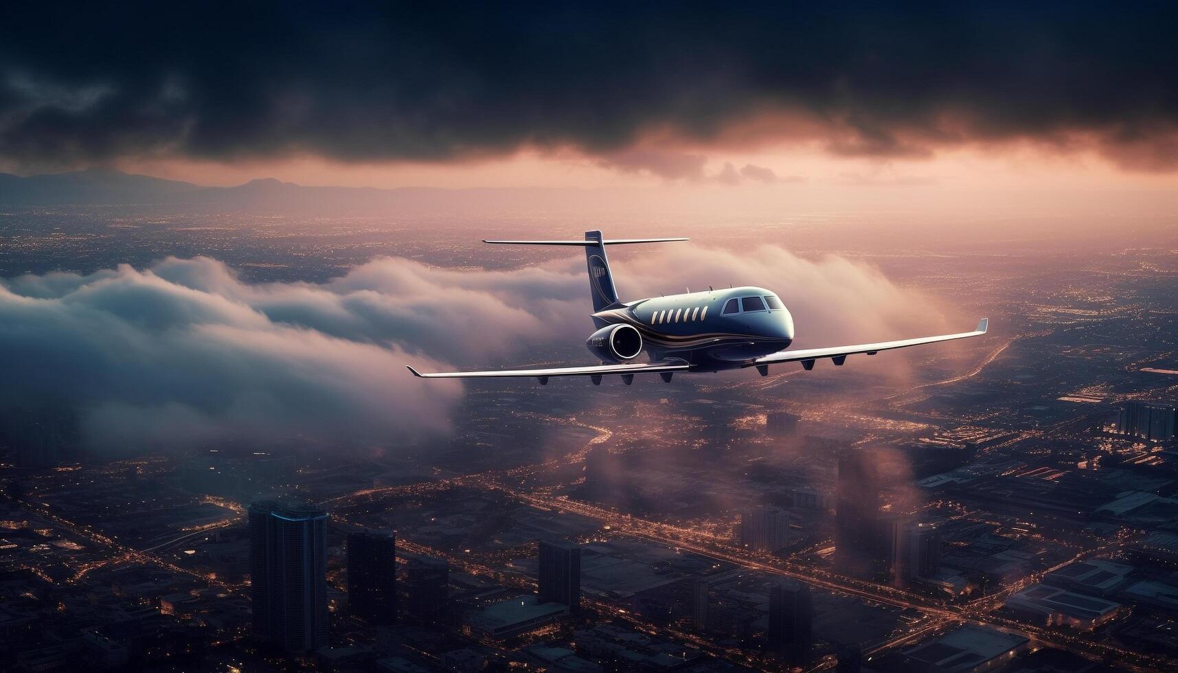 volador comercial avión alto encima paisaje urbano a oscuridad puesta de sol generado por ai foto