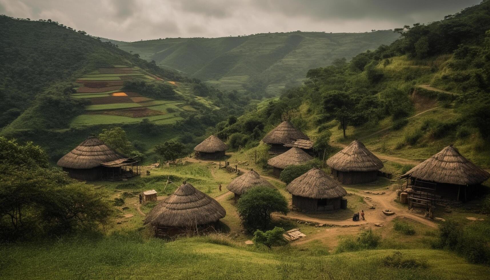 Green rice paddy hut in Bali rural landscape, famous travel destination generated by AI photo