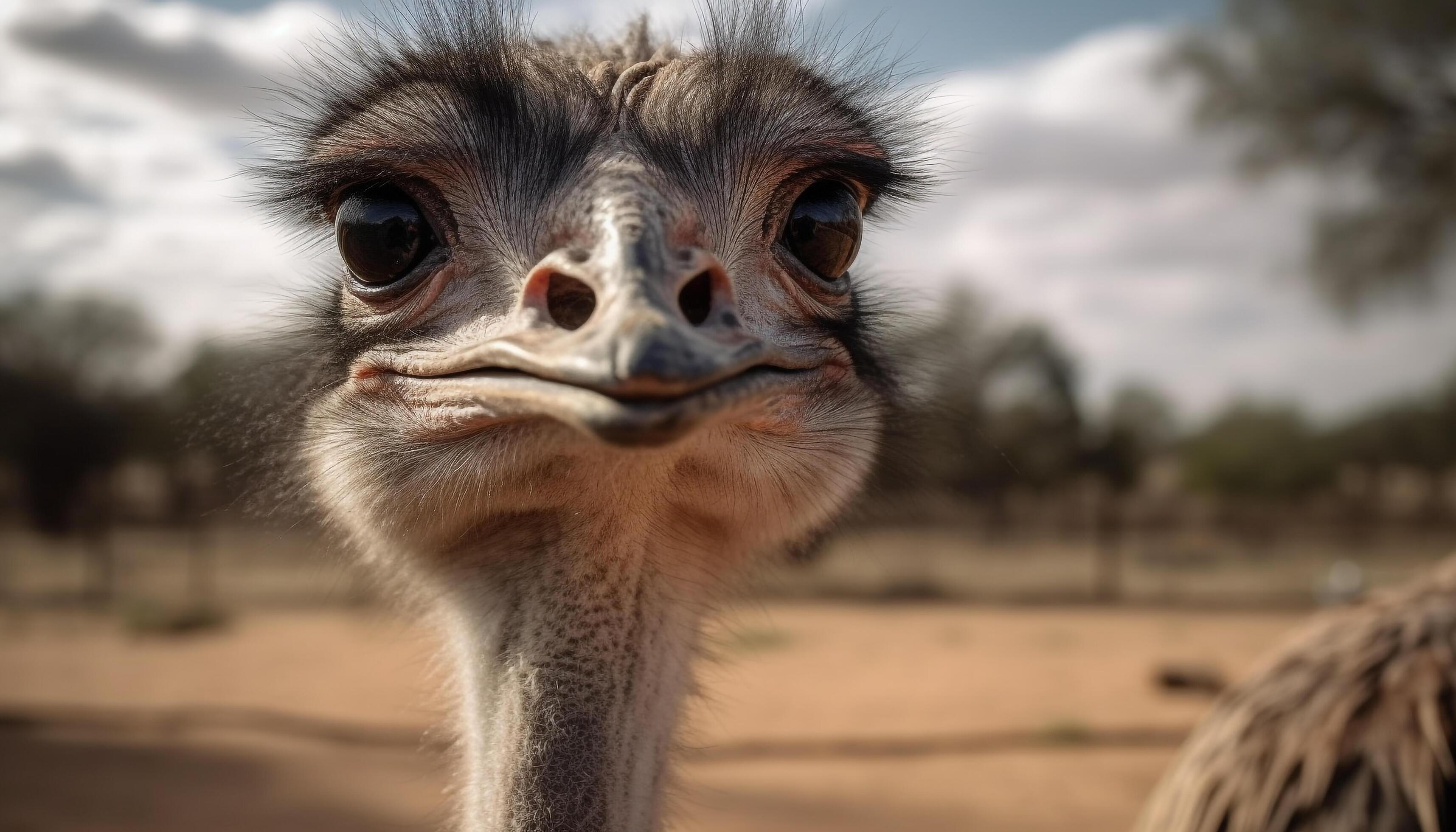Curious ostrich stares at camera with hairy beak and feathered body Curious ostrich stares at camera with hairy beak and feathered body