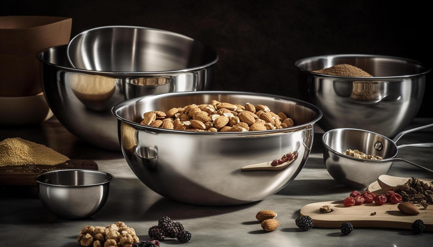 Fresh organic nuts and seeds in a wooden bowl generated by AI photo