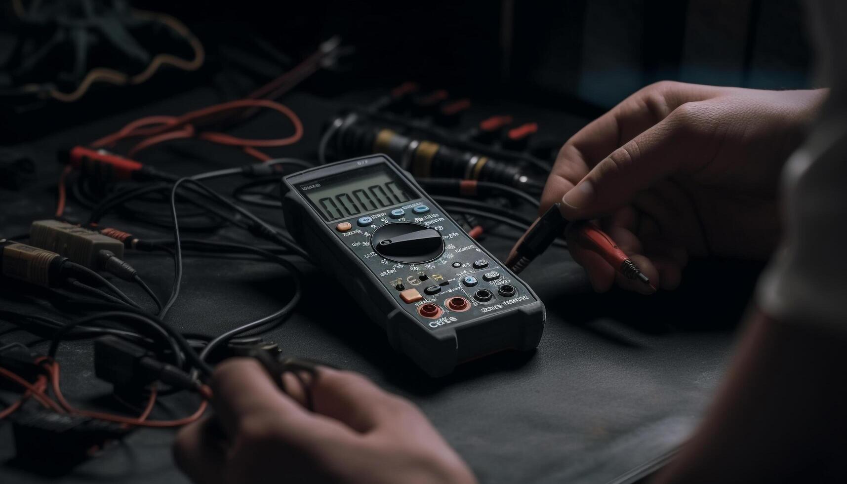 Engineer repairing electrical equipment with multimeter and work tool generated by AI photo