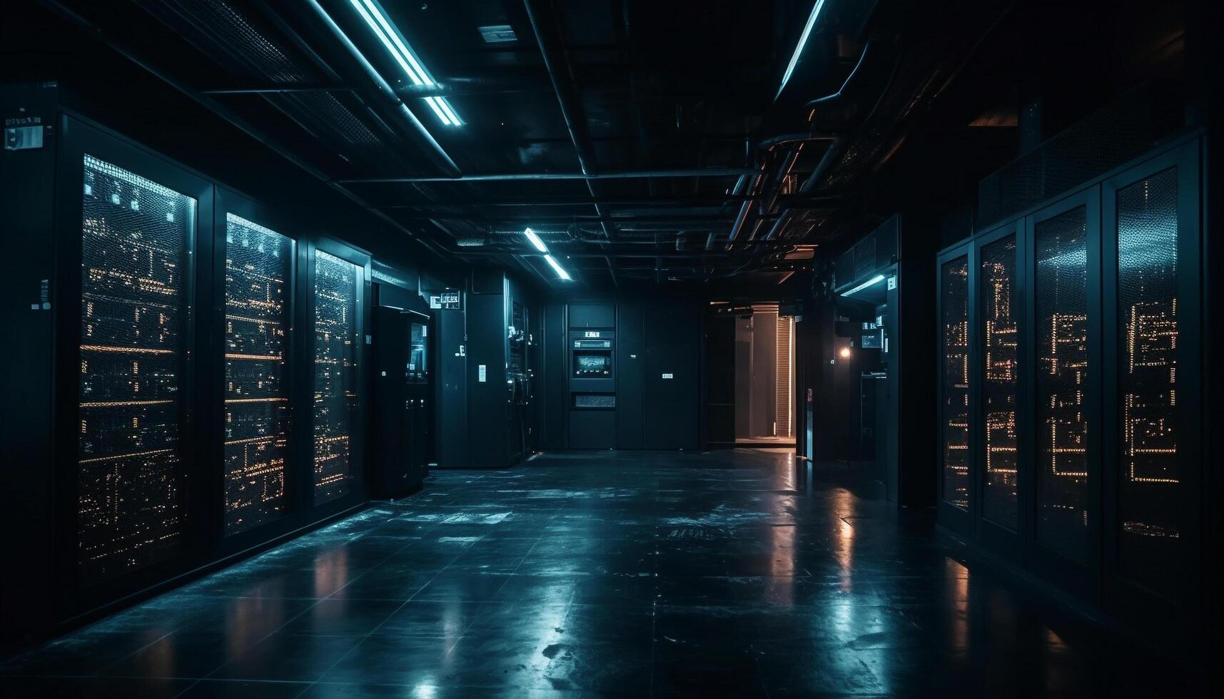 Futuristic technology illuminates dark warehouse, data connection in a row generated by AI photo