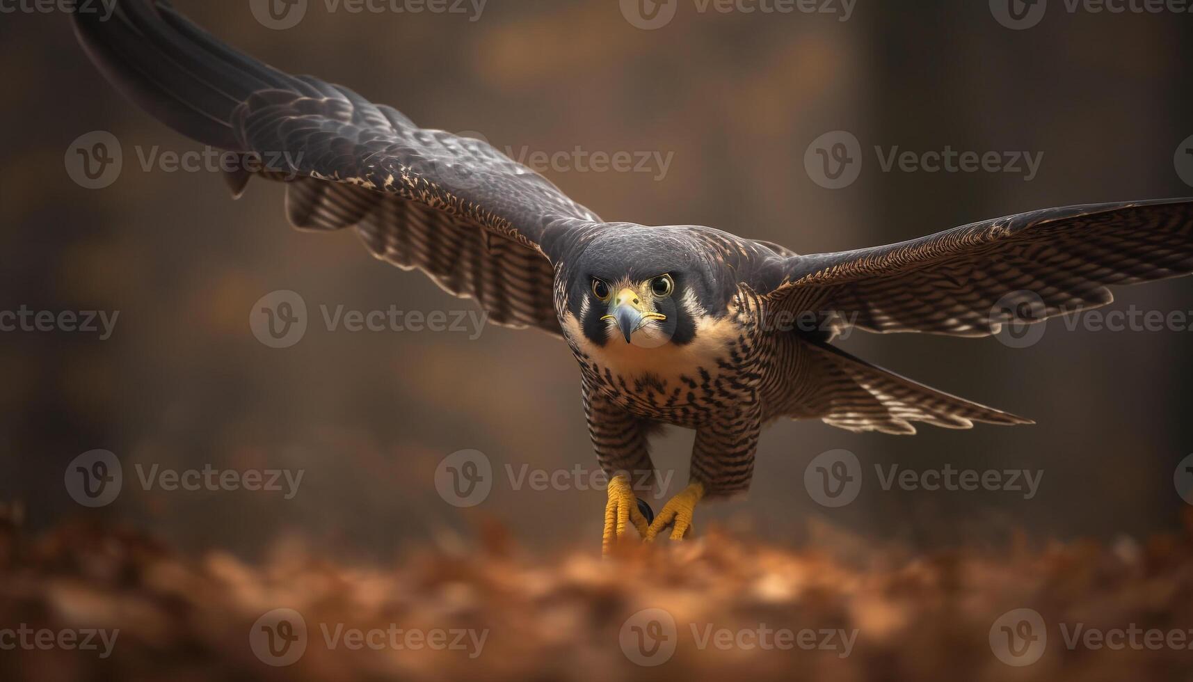 Spread wings, full length, mid air, close up, eagle owl portrait generated by AI photo