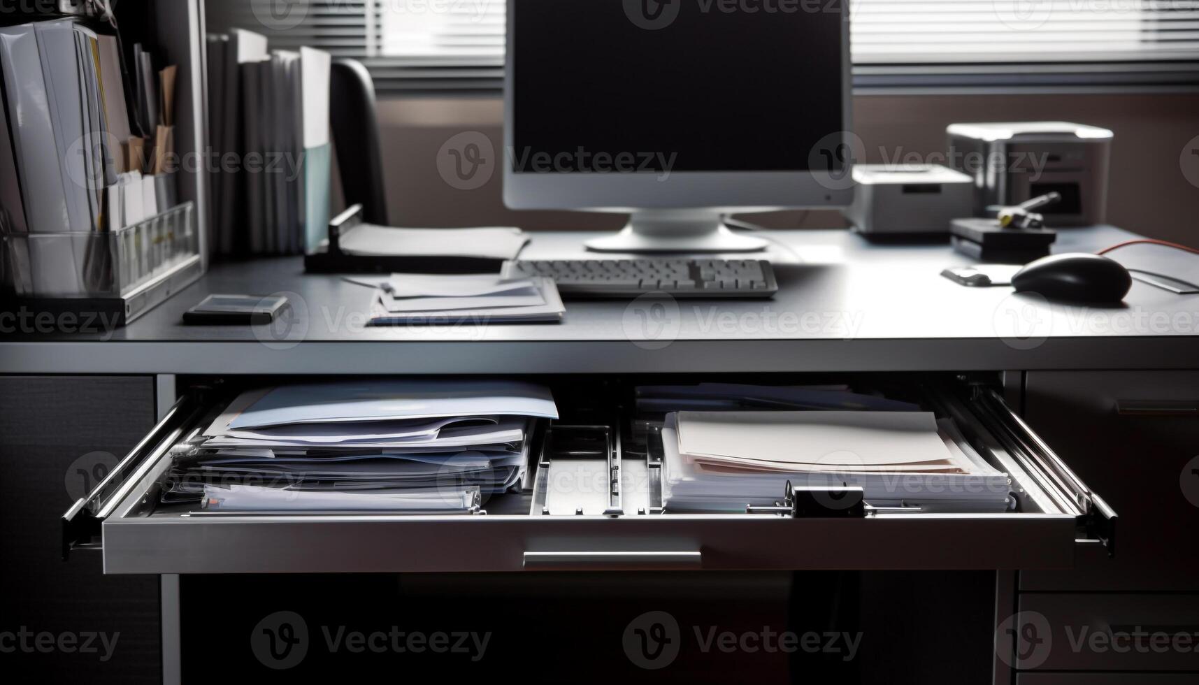 Modern office desk with computer, paperwork, and filing cabinet generated by AI photo