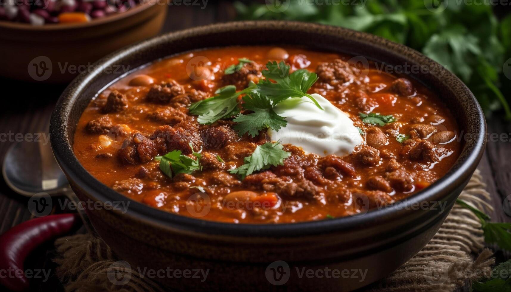 Homemade beef stew with fresh vegetables and rustic bread appetizer generated by AI photo