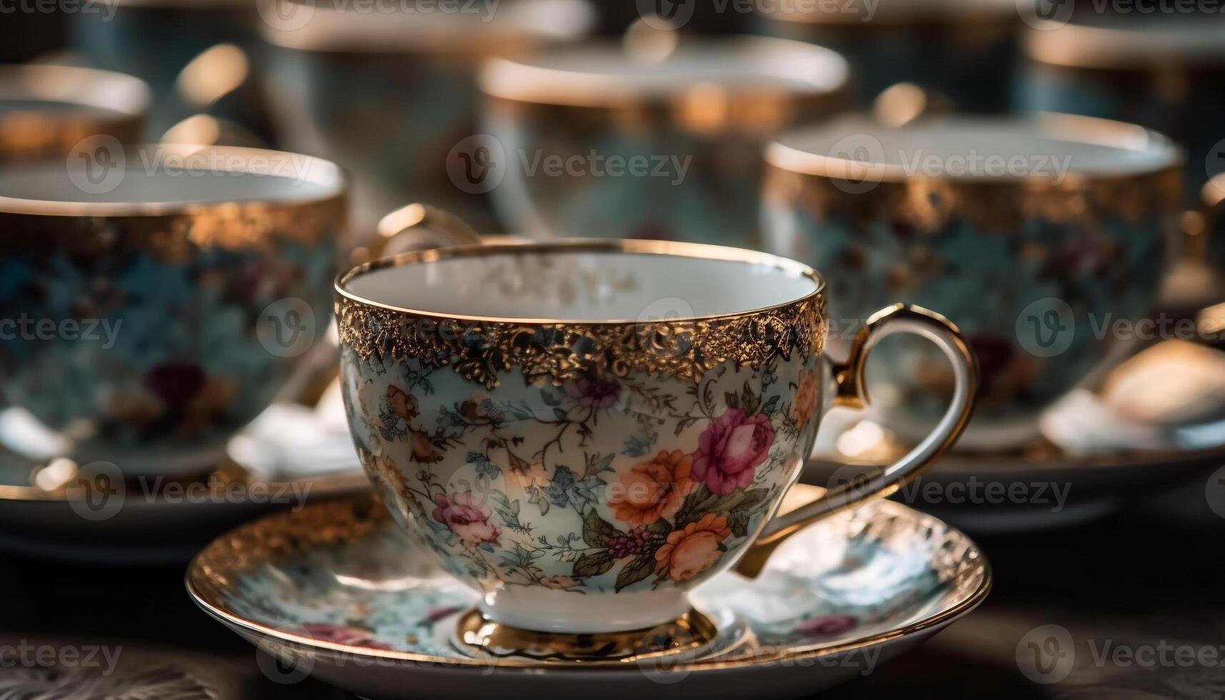 rústico elegancia antiguo pasado de moda turco café conjunto en florido de madera mesa generado por ai foto