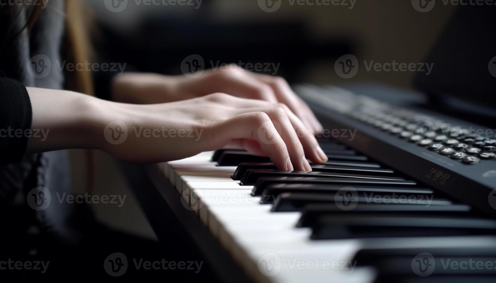 Caucasian pianist practicing chord progression on piano key indoors generated by AI photo