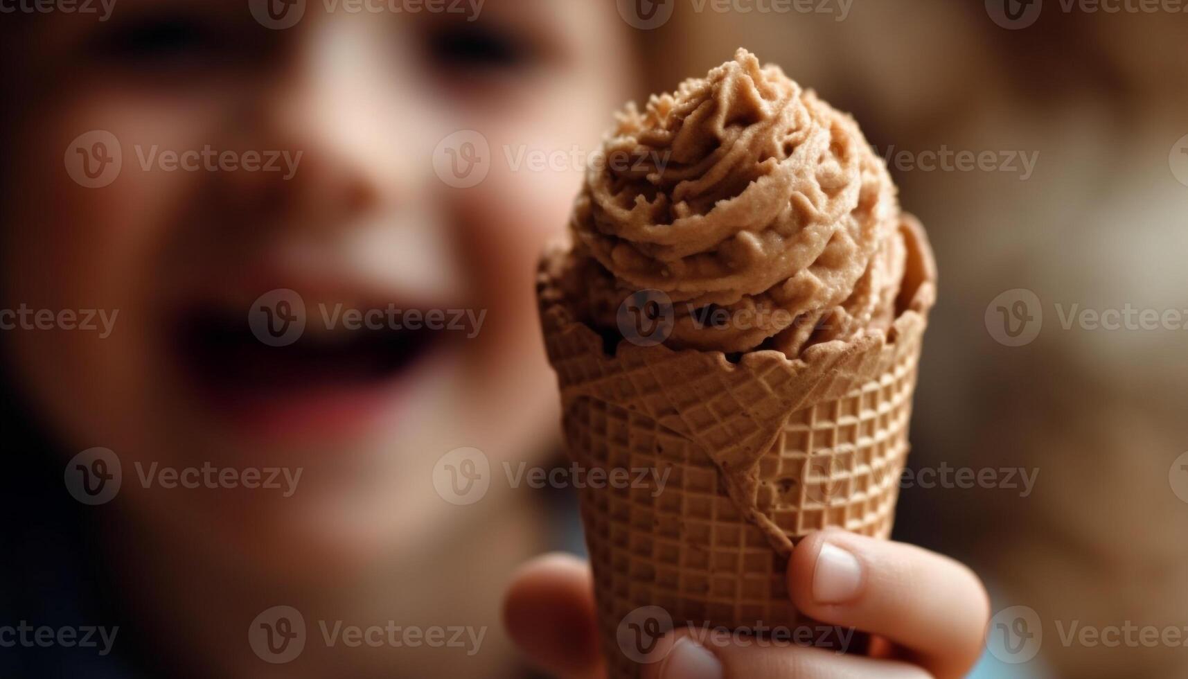 Cute child holding ice cream cone, enjoying sweet indulgence indoors generated by AI photo