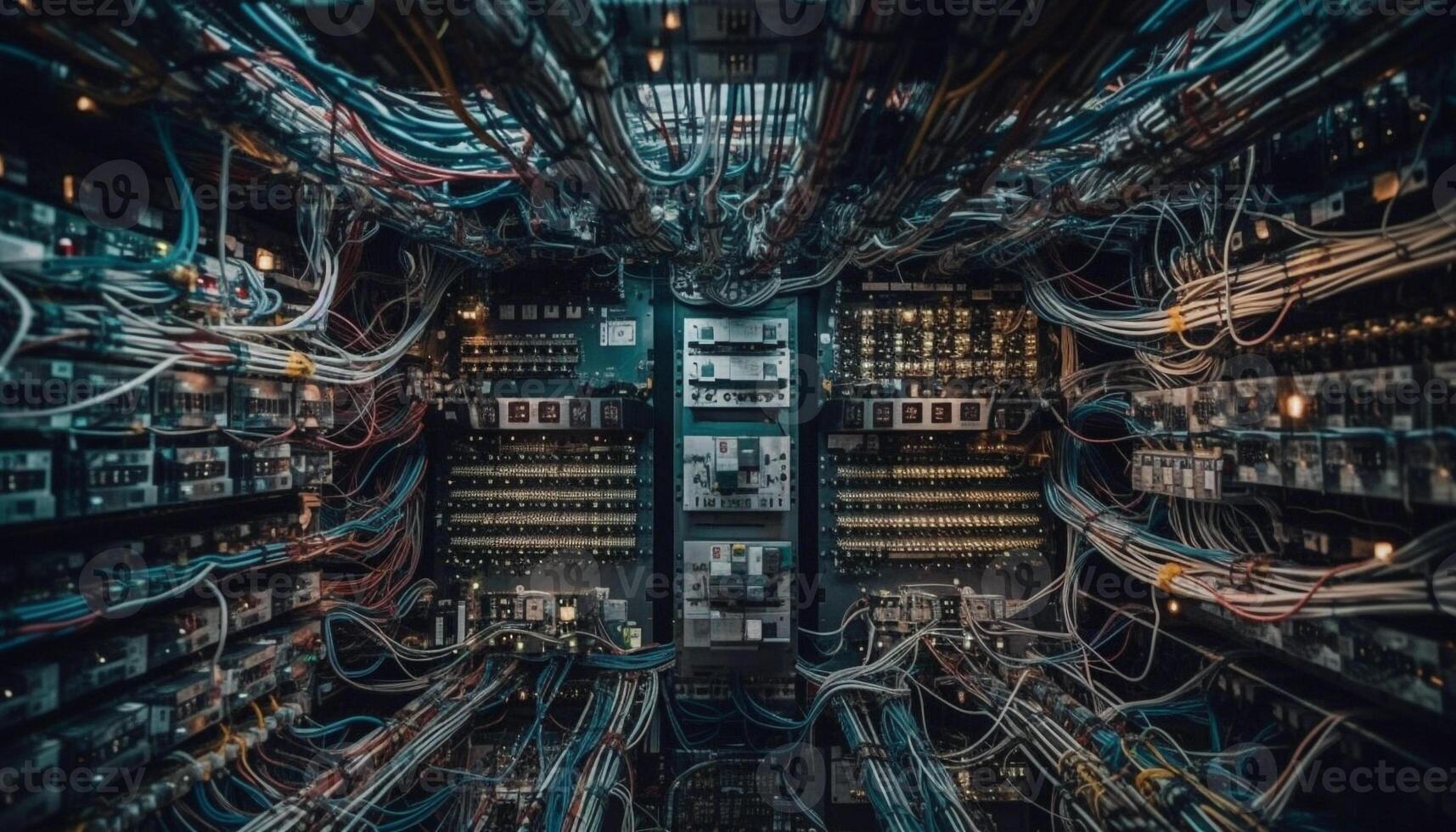 Futuristic computer lab with technicians repairing complex electrical equipment generated by AI photo