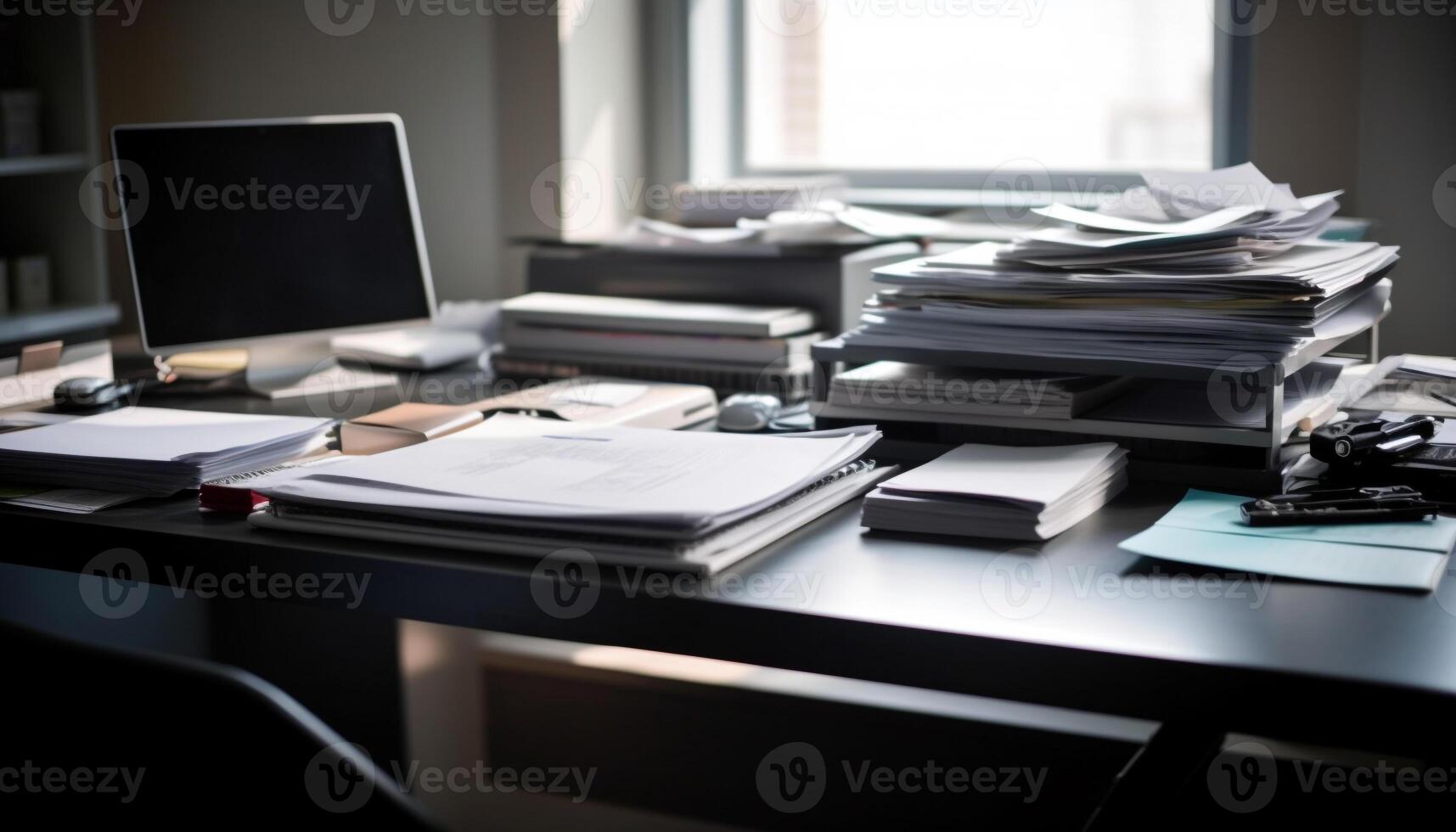 Modern businessman working on messy paperwork at his office desk generated by AI photo