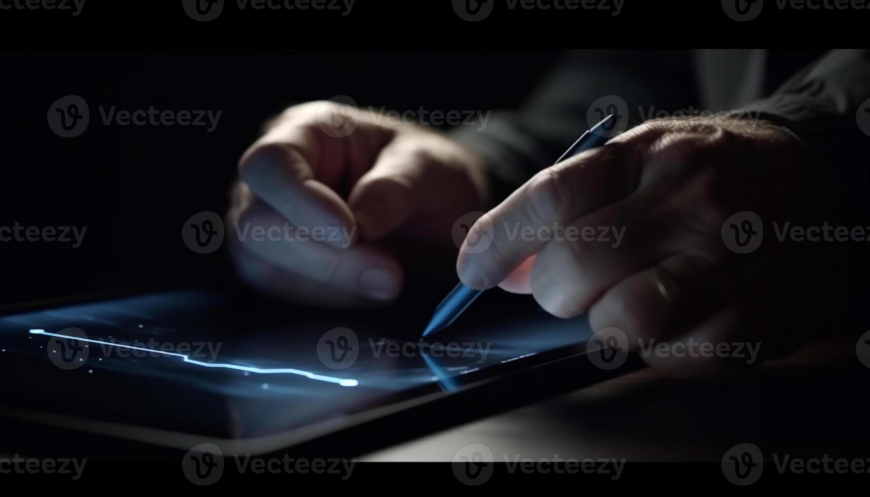 Businessman working on digital tablet, touching screen, holding pen generated by AI photo