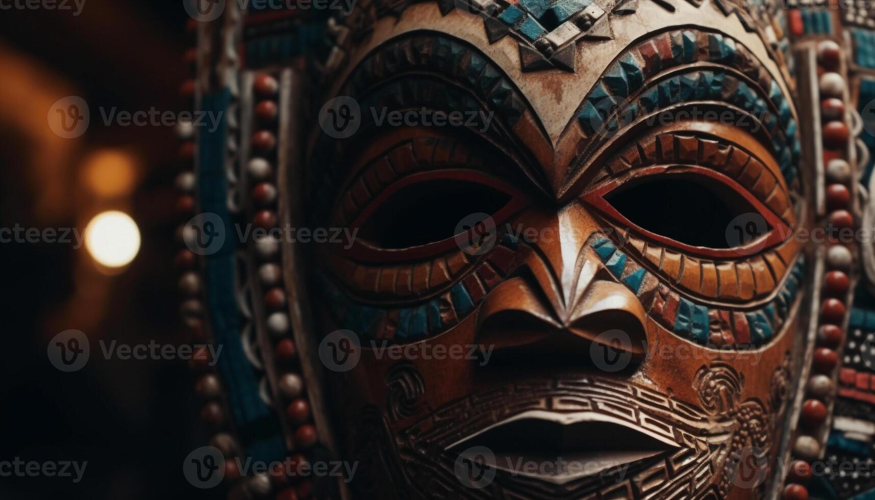 Indigenous mask decoration ancient craft, ornate pattern, multi colored disguise generated by AI photo