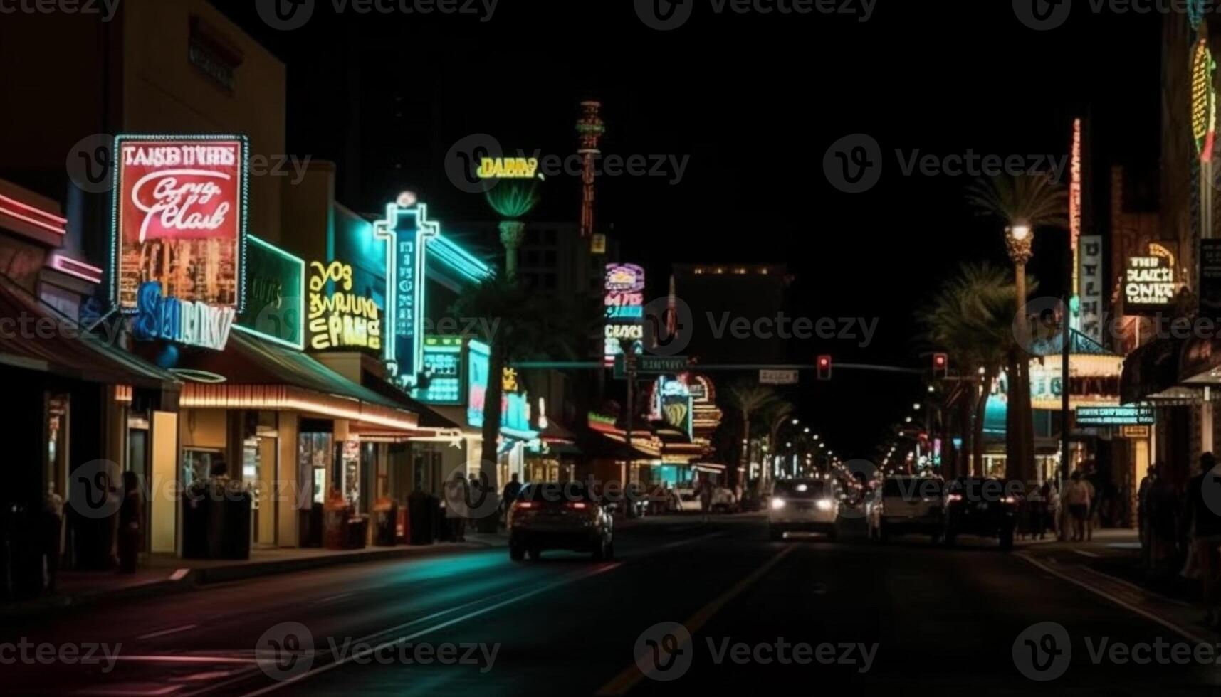 City nightlife illuminated by neon lights, traffic and street signs generated by AI photo