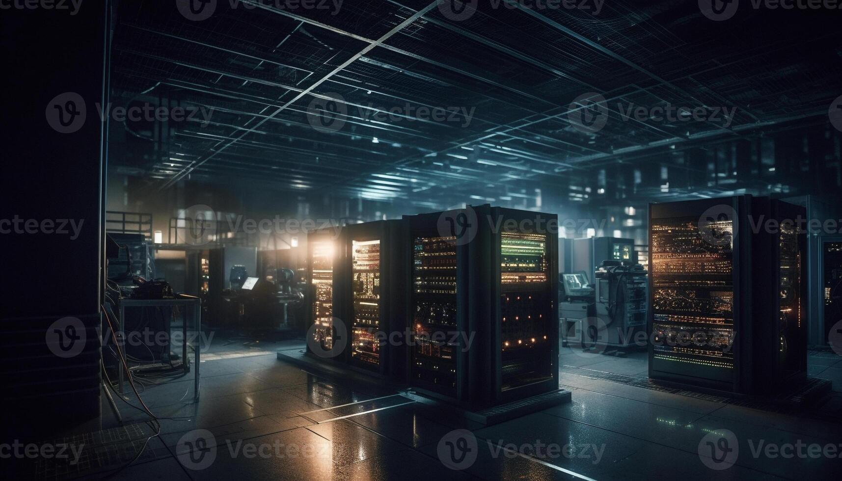 Men working inside of modern factory with illuminated machinery and equipment generated by AI photo