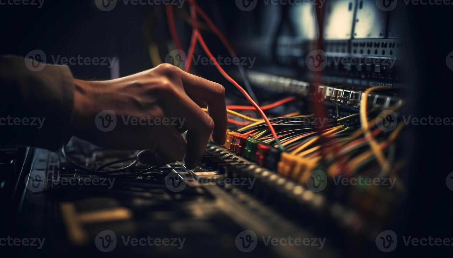 eso profesional reparando computadora equipo, cableado conexión, selectivo enfocar, adentro generado por ai foto