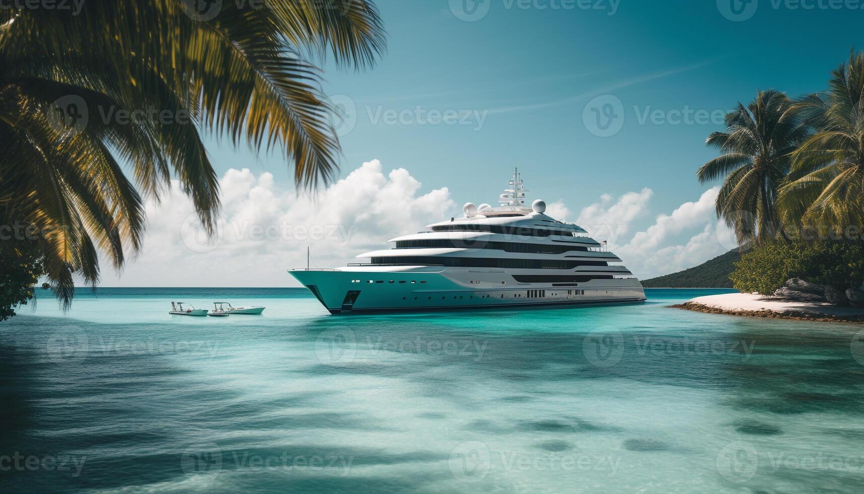 Luxury yacht sails through turquoise waters, a perfect summer vacation generated by AI photo