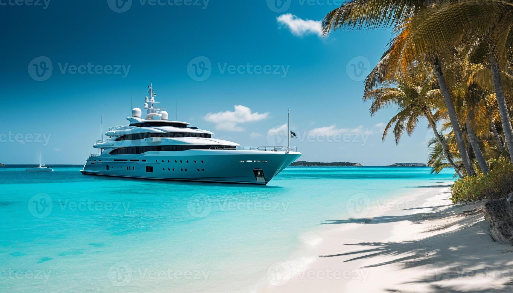 Luxury yacht sails turquoise waters, anchored in idyllic paradise generated by AI photo