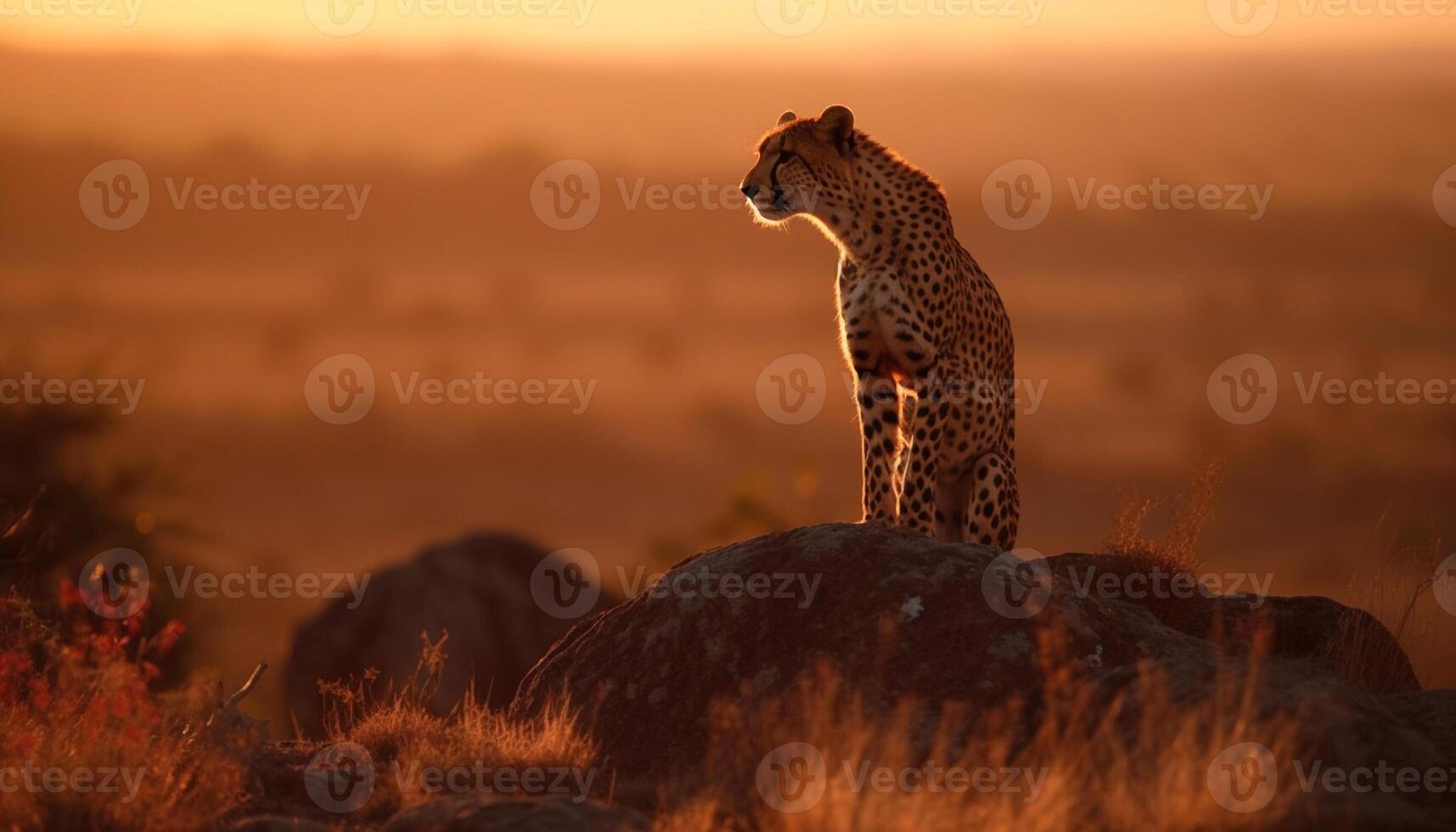 African cheetah watching sunset, majestic beauty in nature tranquility generated by AI photo