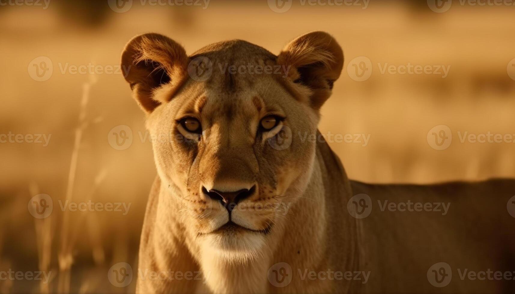 Majestic lioness walking in the savannah, staring with alertness generated by AI photo