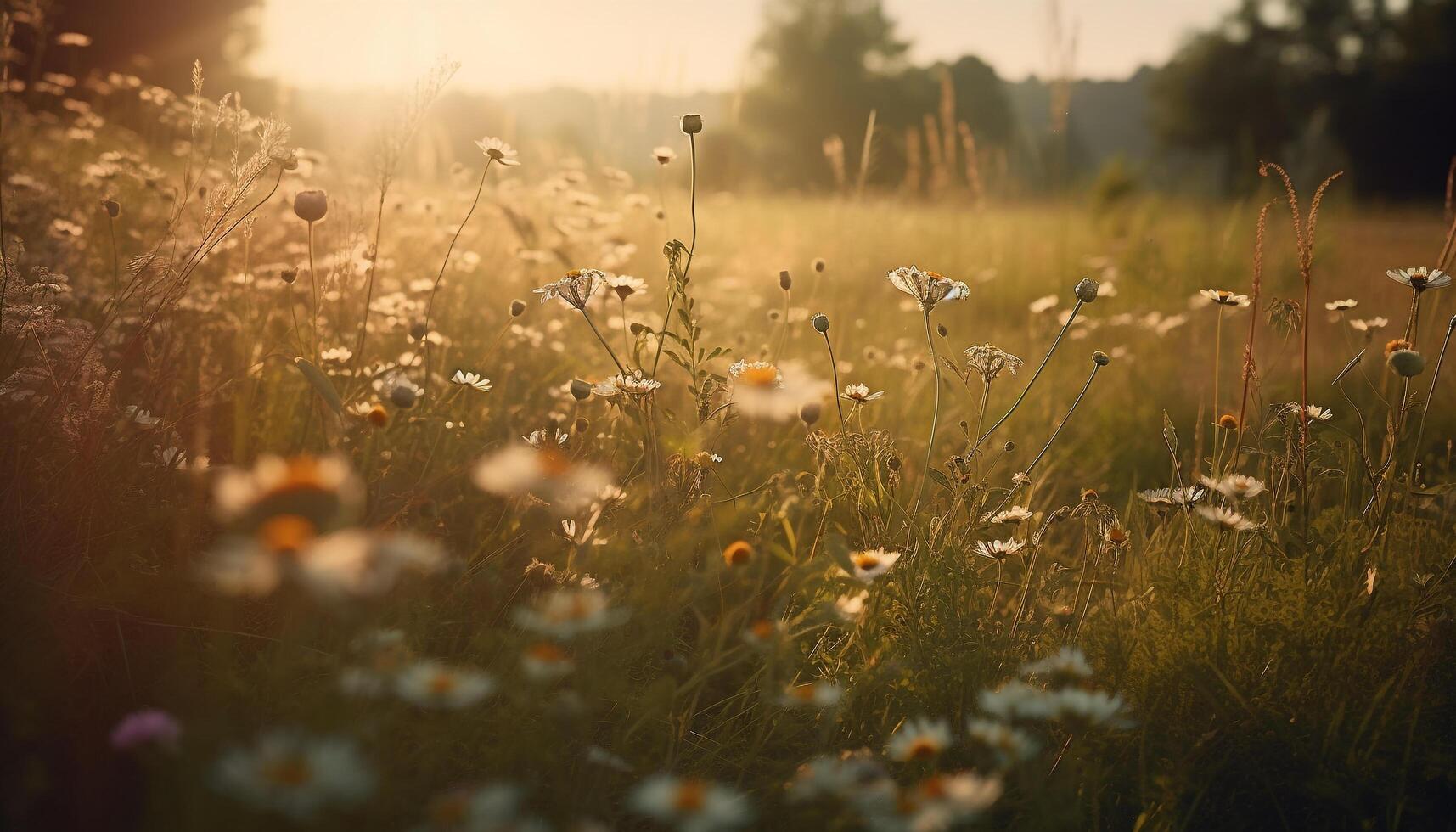 Idyllic farm meadow at dusk, wildflowers bloom in uncultivated pasture generated by AI photo