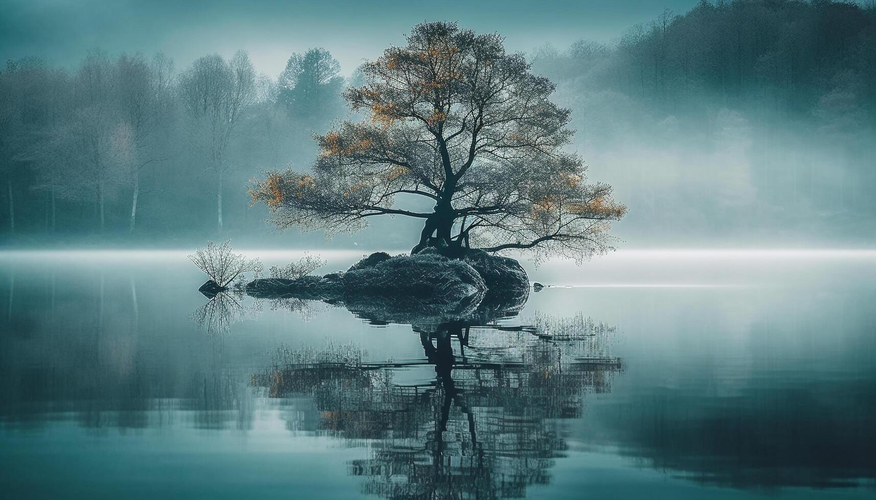 Tranquil winter landscape blue sky, pine trees, and reflection on pond generated by AI photo