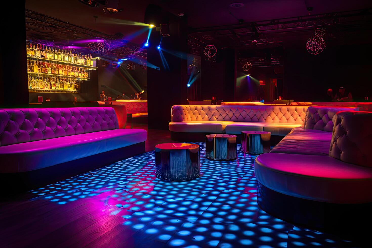 colorful interior of bright and beautiful night club with dark seats and glowing lights, A decorated night club with stylish couches and colorful cocktail tables, photo