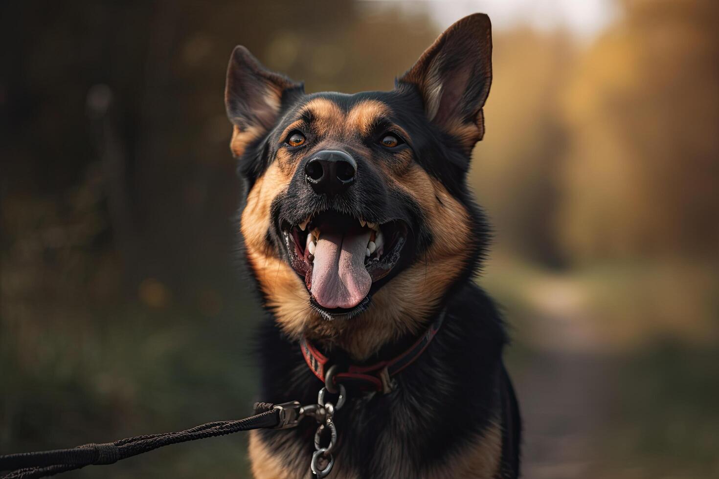 German shepherd dog on a leash on a walk in the autumn forest photo