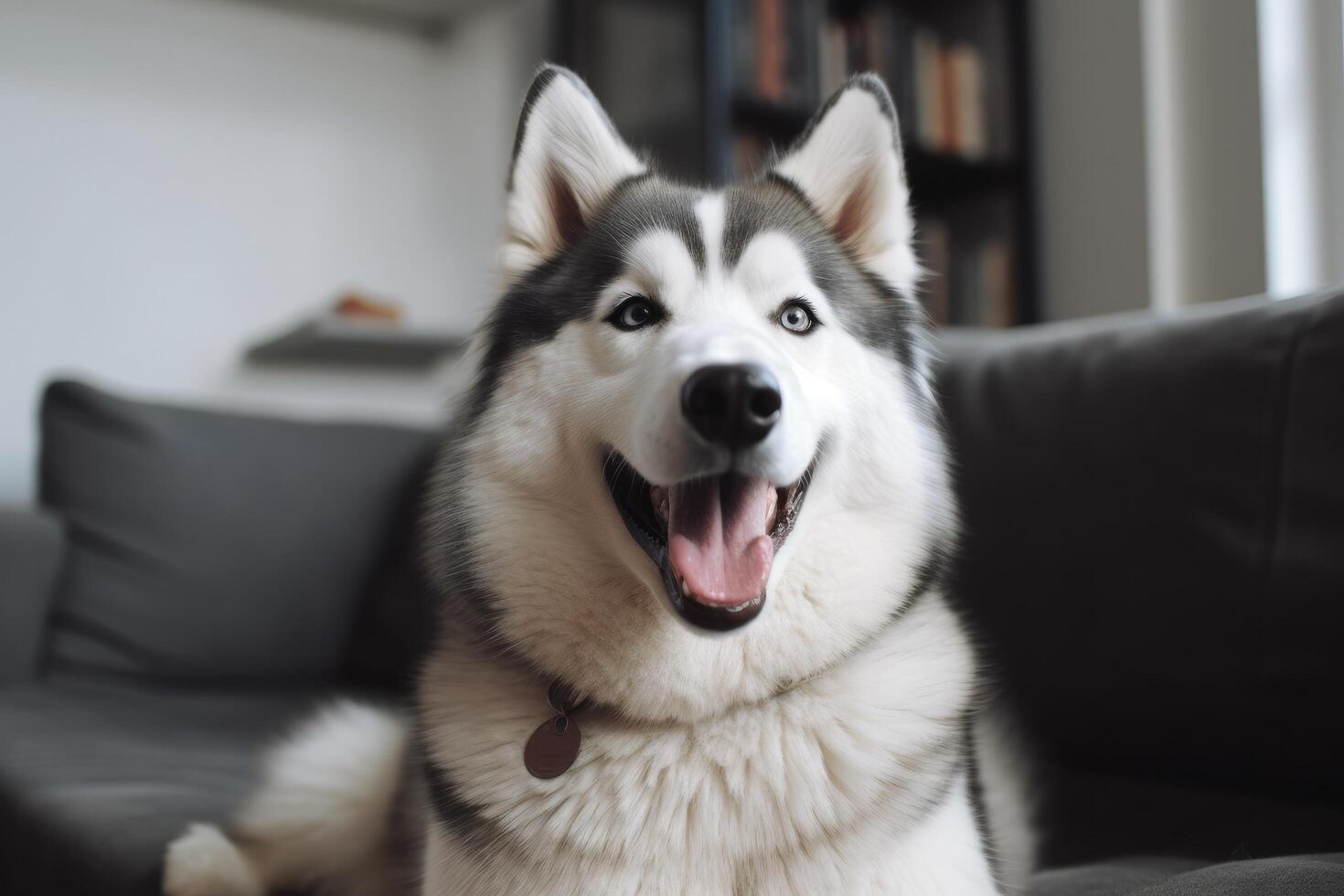 Siberian Husky dog sitting on the sofa at home and smiling. photo