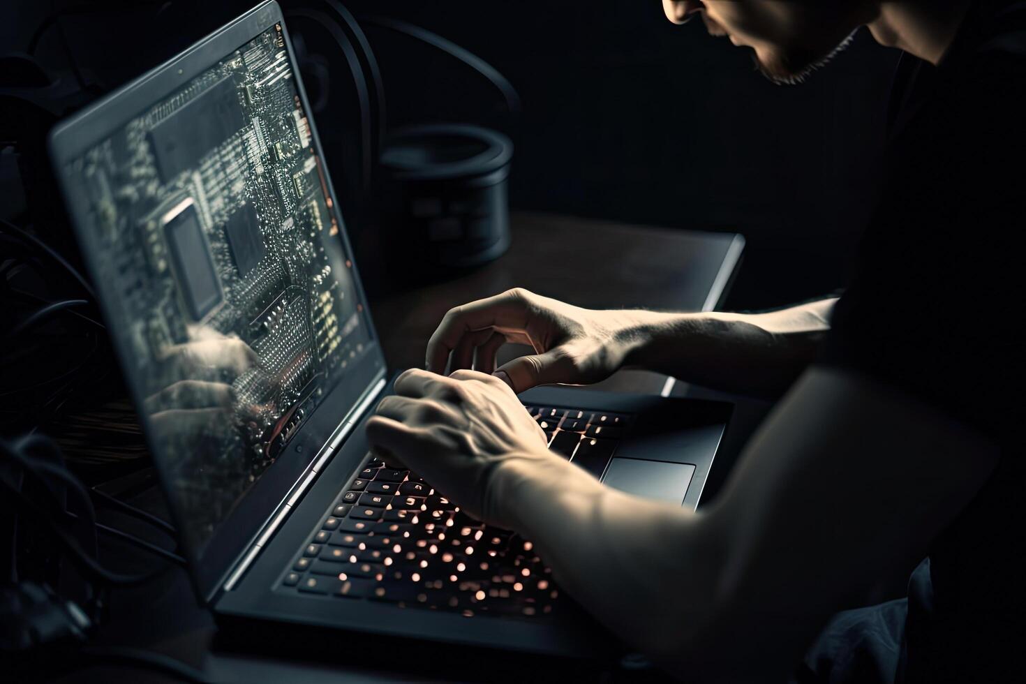 Close-up of hacker using laptop in dark room. Cybercrime concept, A programmers rear view closeup doing programming , photo