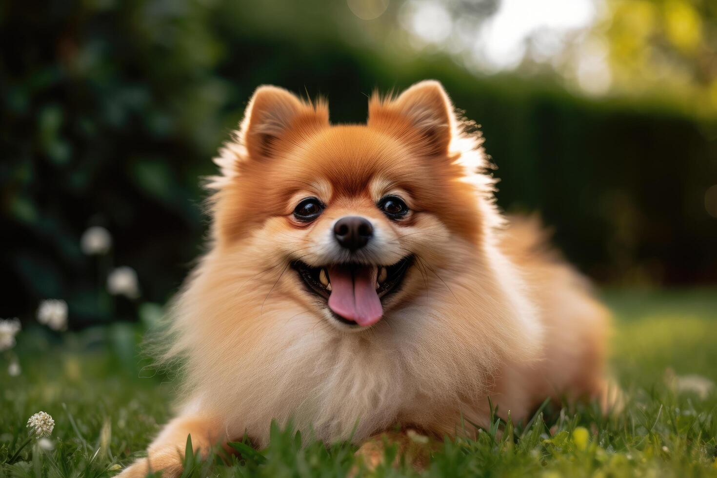 hermosa pomeranio perro acostado en verde césped en el jardín ai generado foto