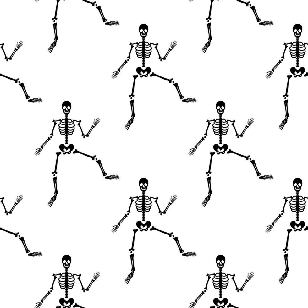 Black skeletons in various poses pattern. Halloween design. Perfect for fall, holidays, fabric, textile. Seamless repeat swatch. vector