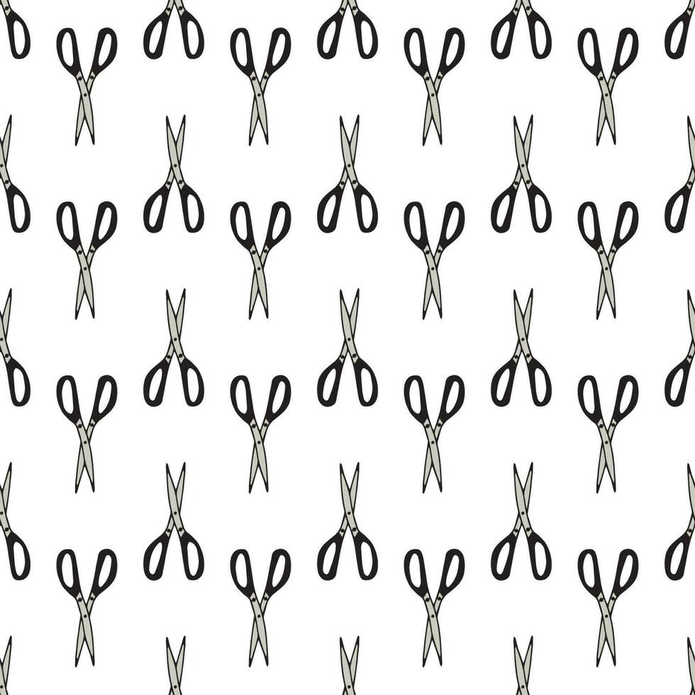 Scissor seamless pattern. Hand drawn professional pair of scissors cutting hair. Craft and scissoring. Vector print on white background