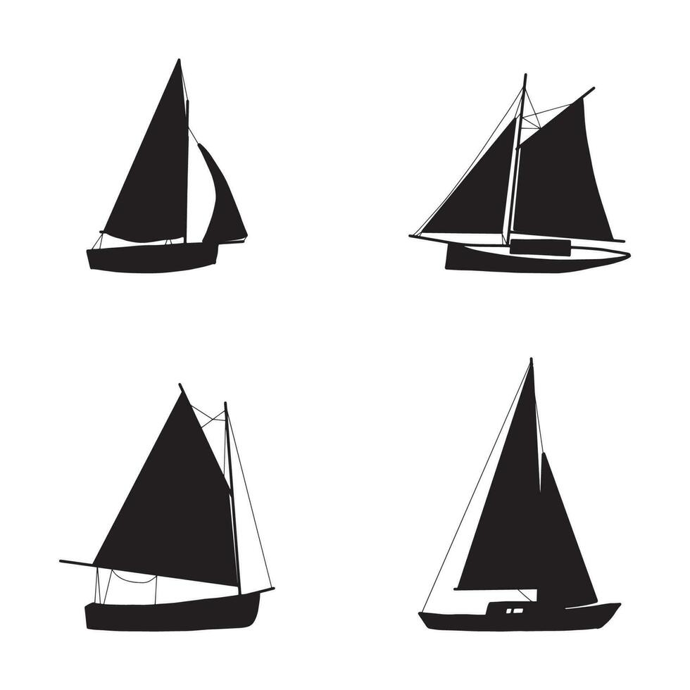 Fishing boat black silhouette. Small ships in flat design. Kid toy style. Vector illustration on white background