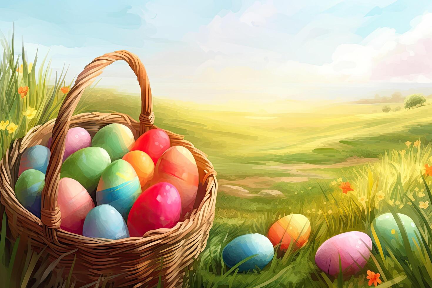 Basket with painted Easter eggs on the meadow. illustration. . photo
