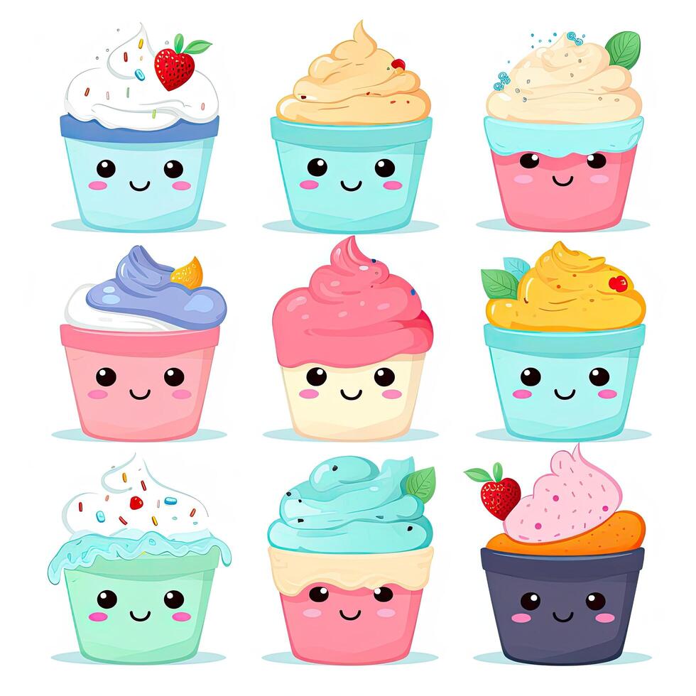 Cupcake cartoon design collection. Cupcake illustration bundle with colorful toppings. Delicious birthday cake with happy faces. Cake illustration set. . photo