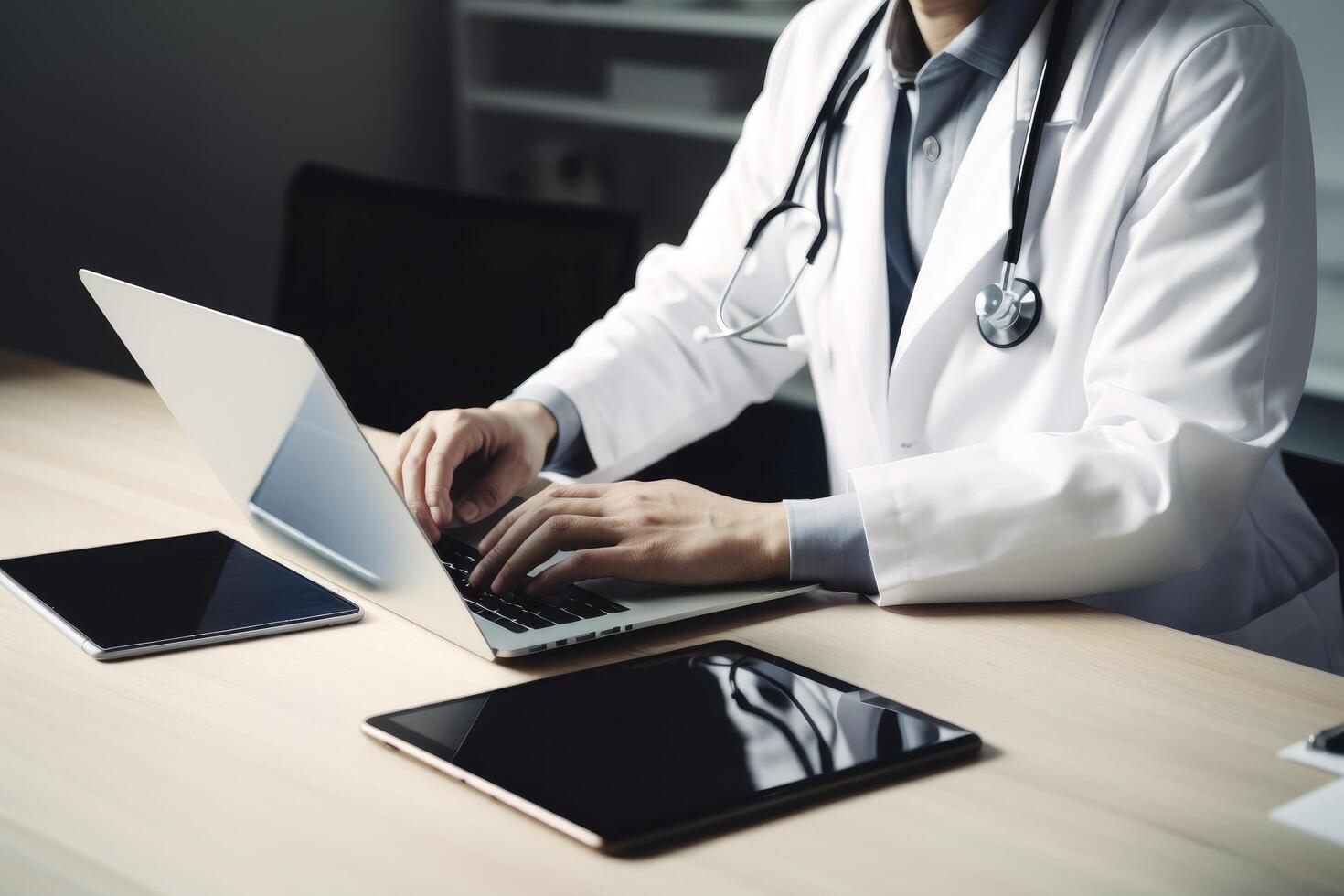 Doctor working on laptop computer in the office. Medical and healthcare concept. A doctor working on a tablet and a laptop with a stethoscope nearby, photo