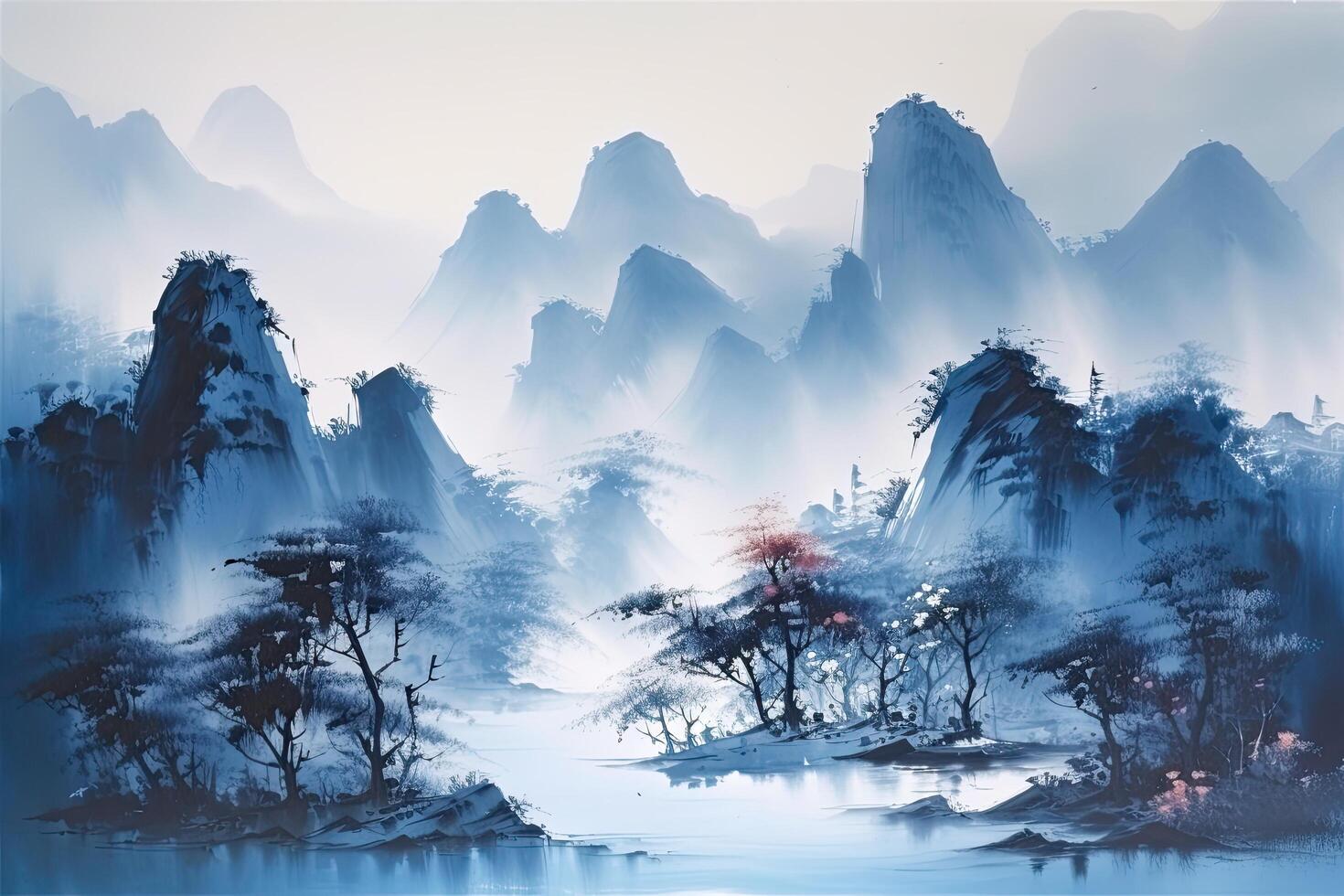 Landscape of karst mountains in China. Digital painting. A blue mountain painting capturing a beautiful landscape, handcrafted with meticulous brushstrokes. photo