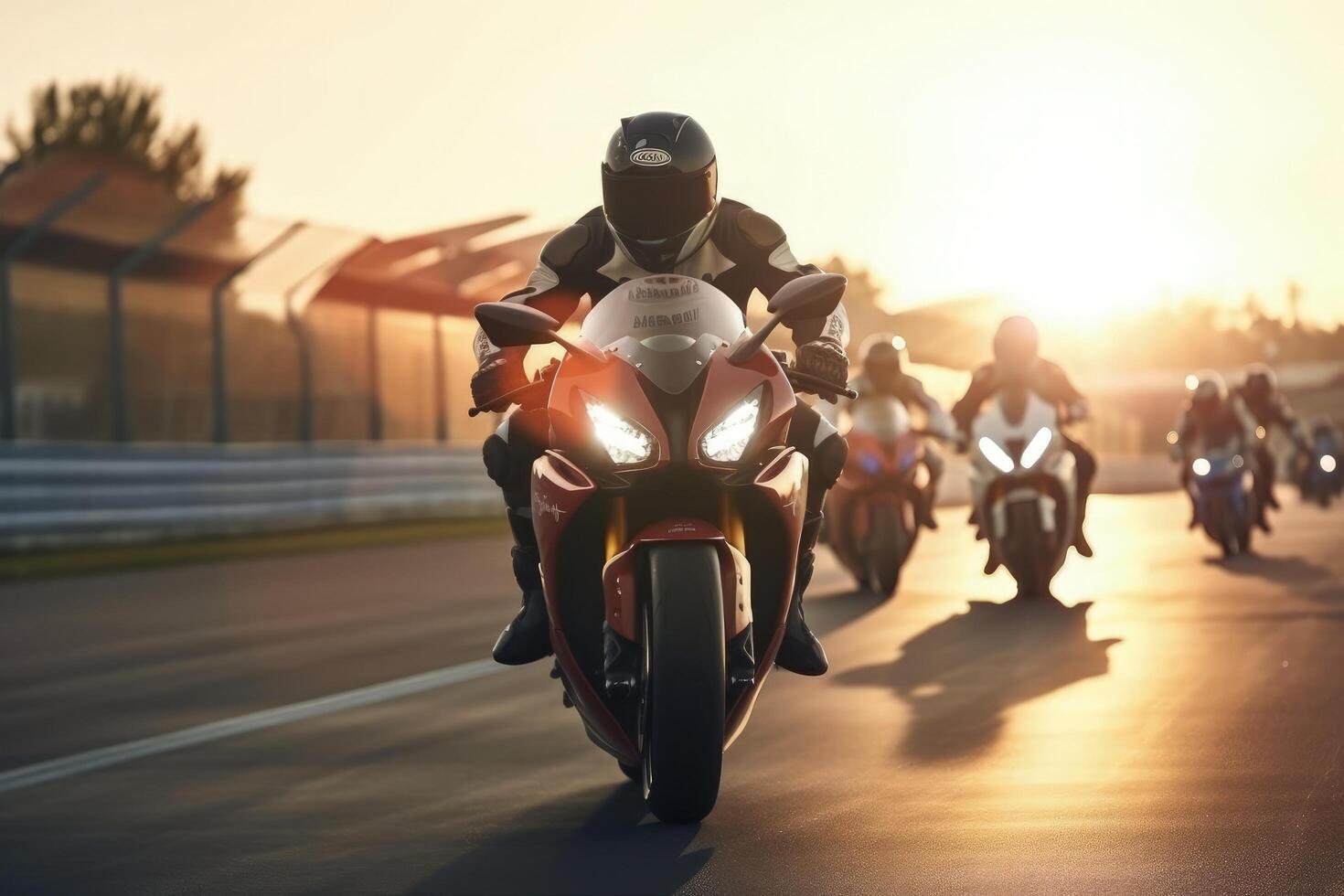 Modern bike race concept with racers on a race track. Motorcycle practice and the racing bike shot on a sunny day. Bike race formation and practicing concept. . photo