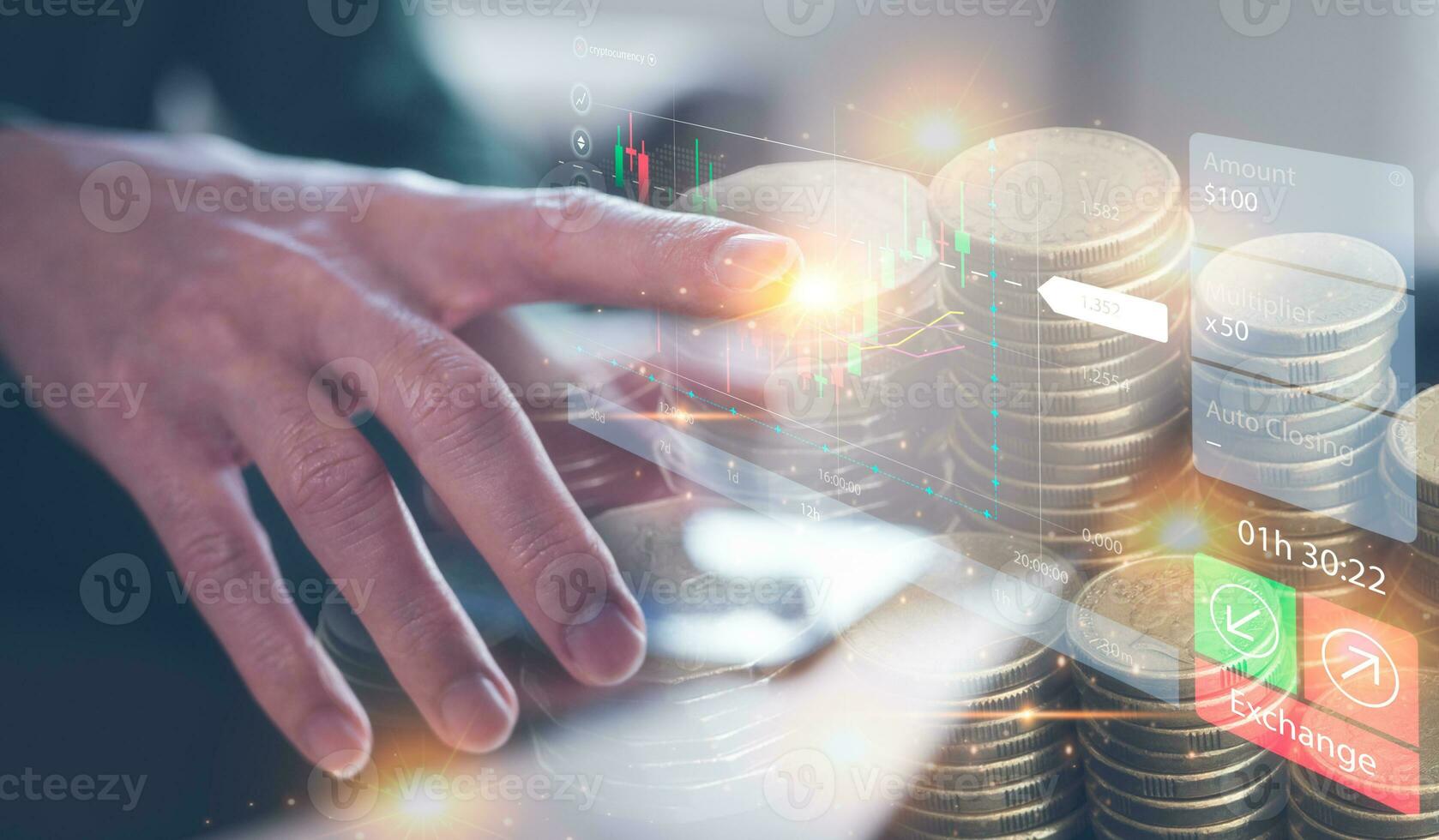 investment stock market data analysis concept, businessman  analyst virtual trading graph with blurred coins, trading online, financial mobile application platform, exchange cryptocurrency marketing photo