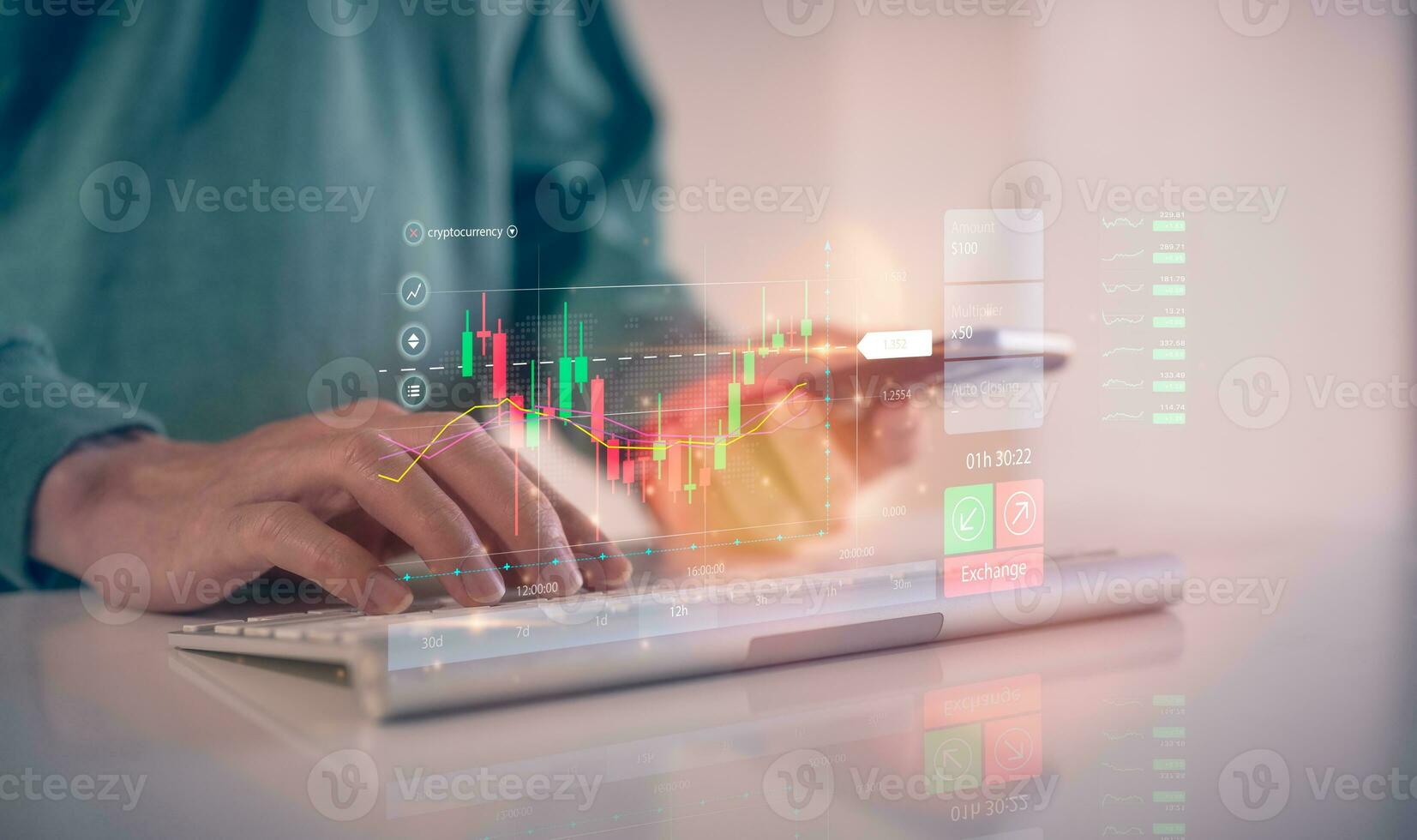 financial investment concept, businessman typing on computer keyboard  touching virtual trading graph buy and sell share in concept of investment business growth and marketing photo