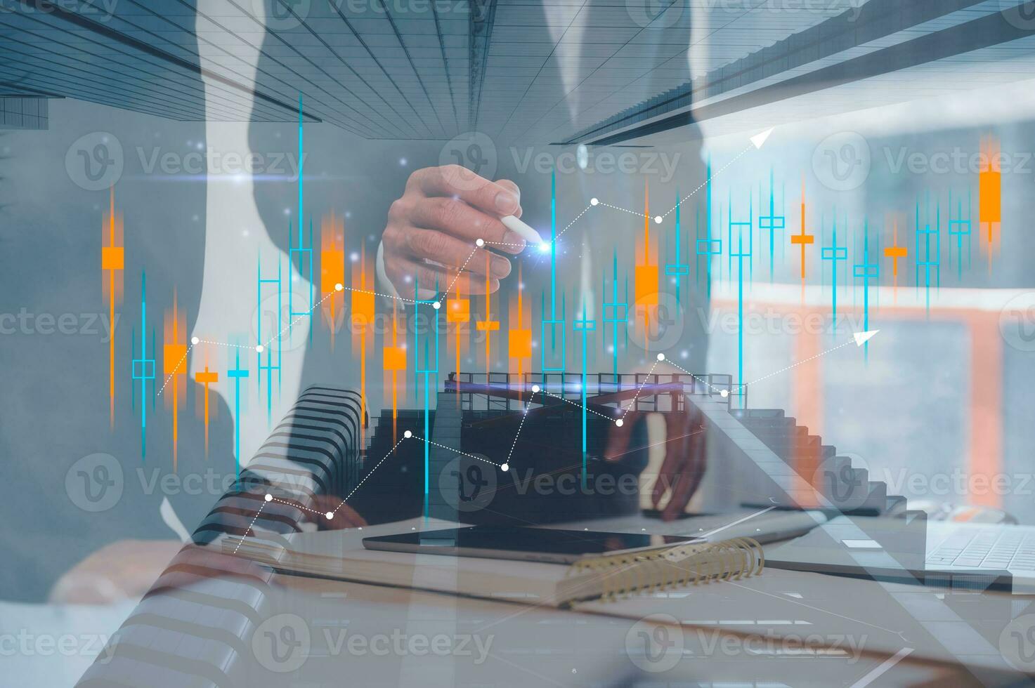 Investing, trading  real estate market  concept,  financial chart candlestick and graphs on modern skyscraper tops bottom view background, investment financial concept, multi exposure photo