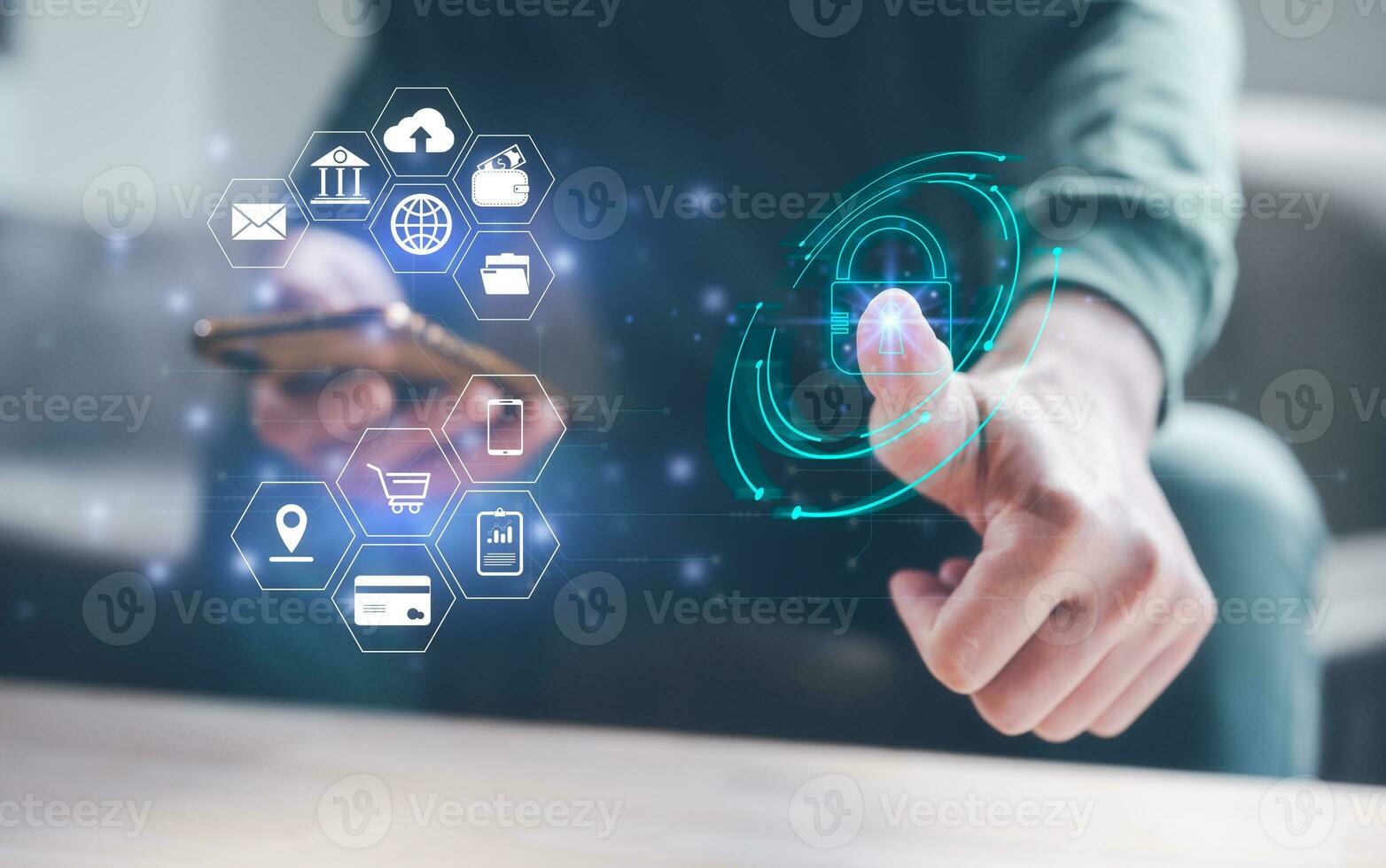 scam safe Fingerprint scanning and biometric authentication, processing of biometric for access personal data. surveillance and security scanning of digital programs cyber futuristic applications photo