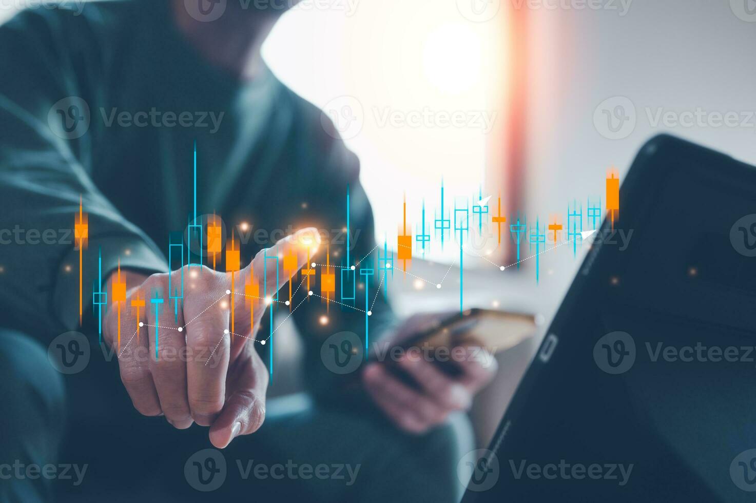 investment stock market data analysis concept, businessman using smartphone analyst  virtual trading graph with blurred coins, trading online, financial mobile application platform photo