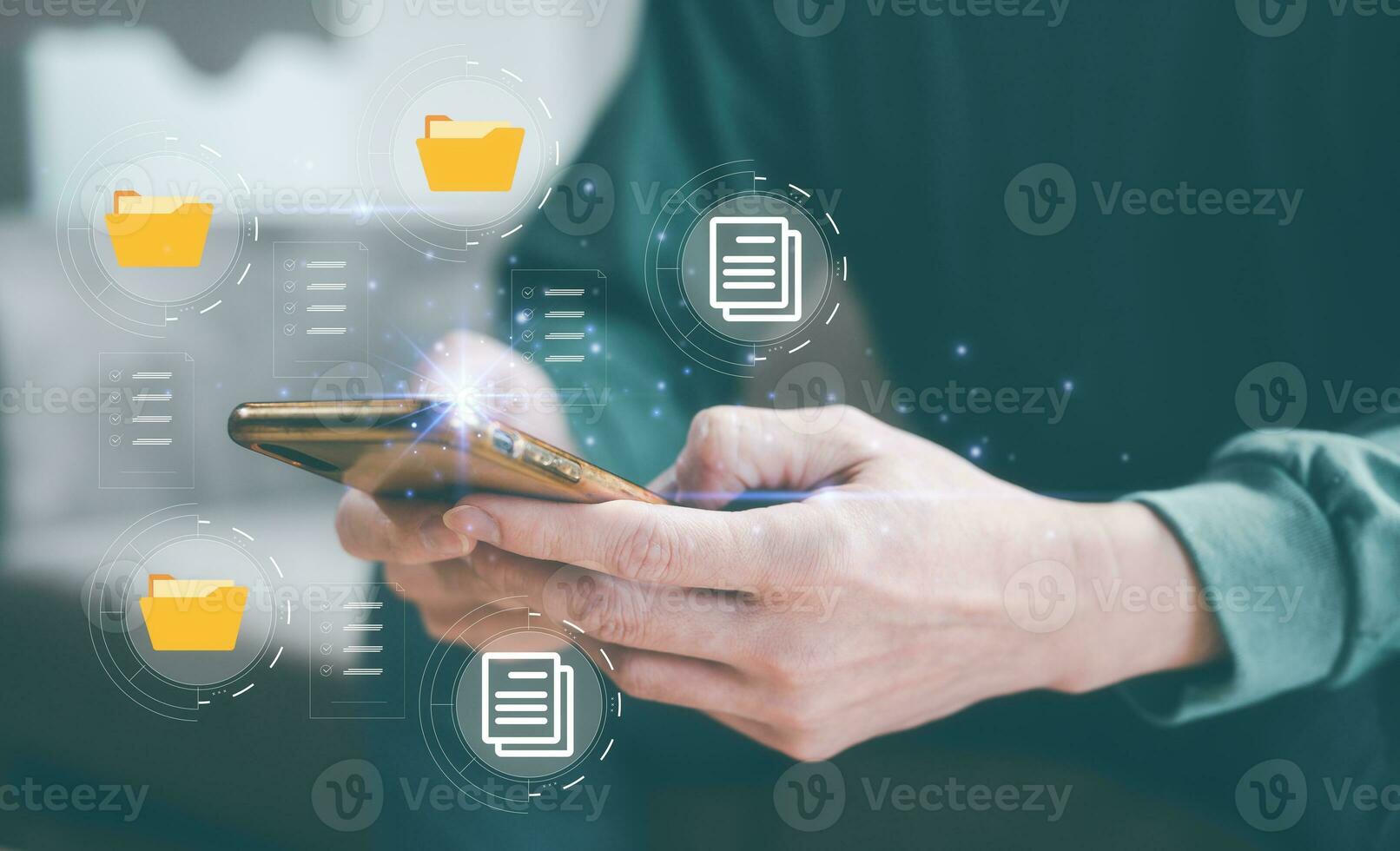 paperless concept. man holding smartphone checking on electronic form documentation checklist, questionnaire survey, data management, application.business and technology photo