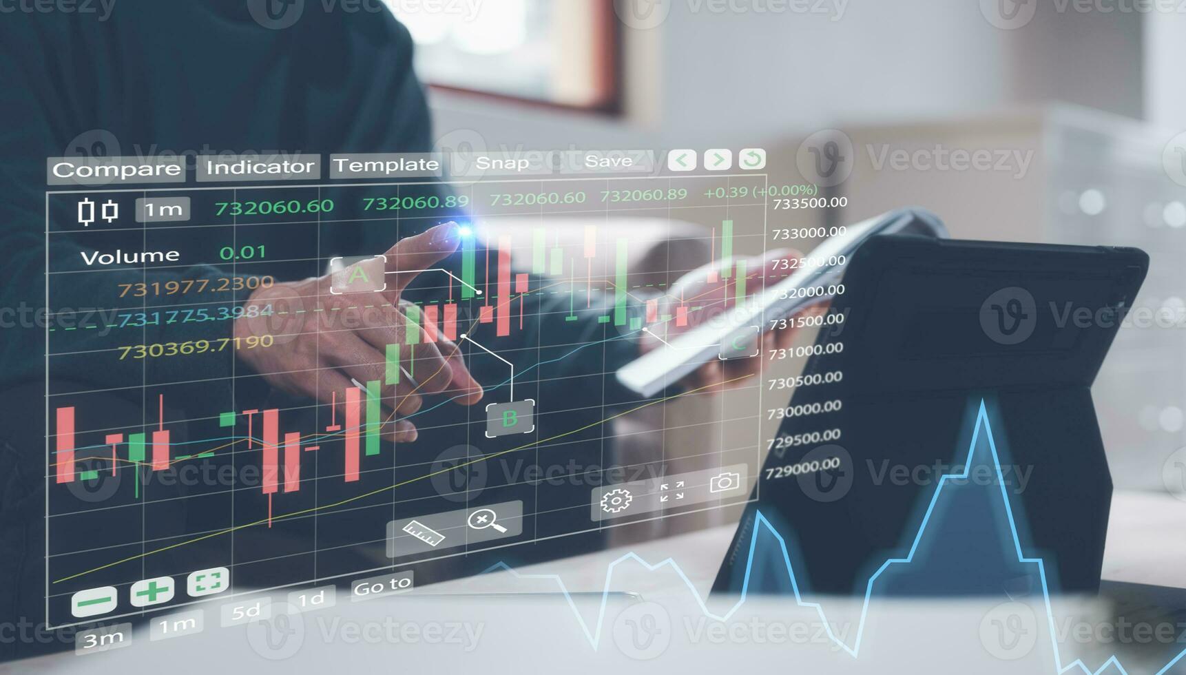 financial investment concept, businessman working on computer tablet and smartphone with virtual trading graph in concept of investment business growth and marketing photo