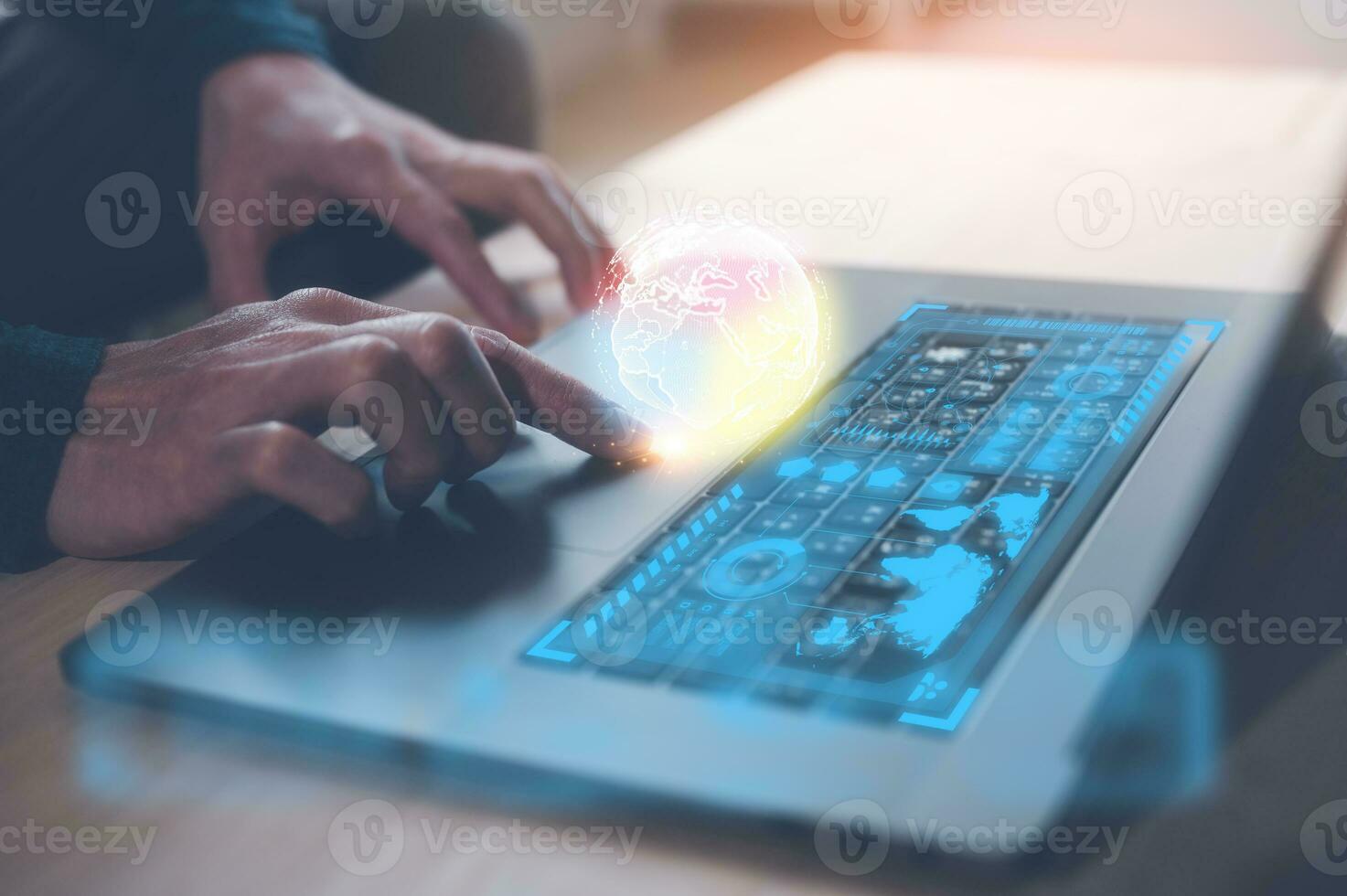 creativity inventor concept, man using computer laptop working with chart virtual glob research and development photo