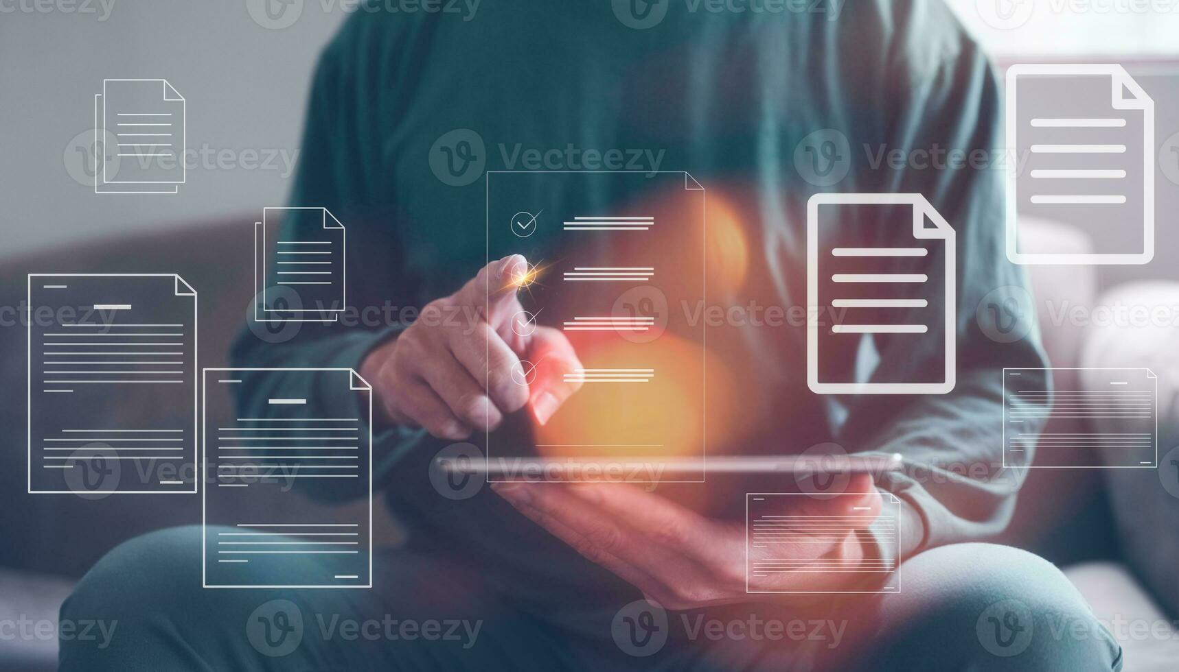 Document data system Report HR technology Concept,  Businessman Manager checking white documents reports papers of files icon in modern office, paperless documents photo